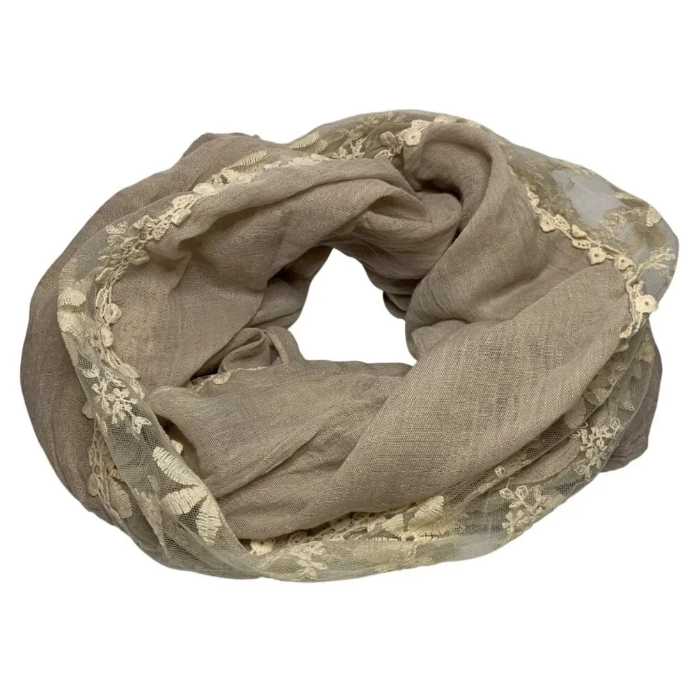 Circle Infinity Scarf‎ Taupe Lace Embroidered Cream Flowered Appliquéd Romantic